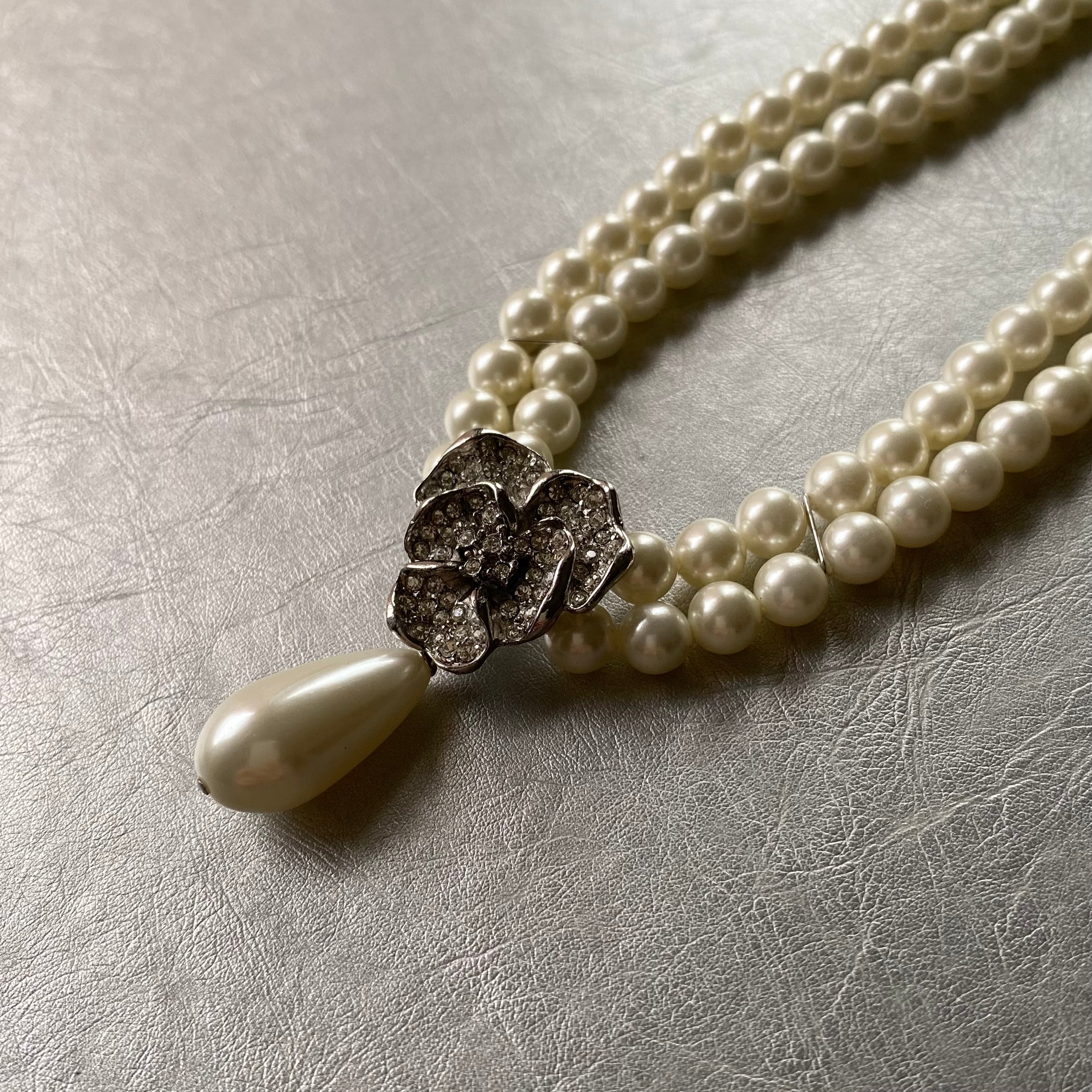 Used retro flower bijou pearl necklace レトロ ヴィンテージ フラワー ビジュー ２連 パール ネックレス