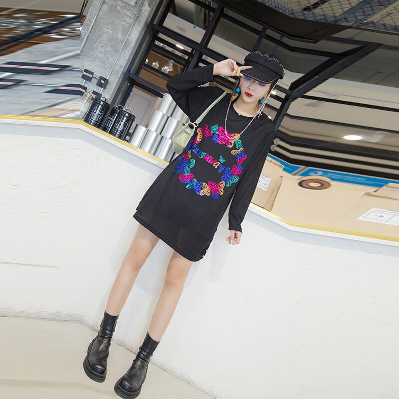 プラスサイズの女性の2020年の新しい秋の脂肪mmラウンドネック長袖ドレスシフォントップウエスト痩身秋のスカート ミックスインファッション36843662921