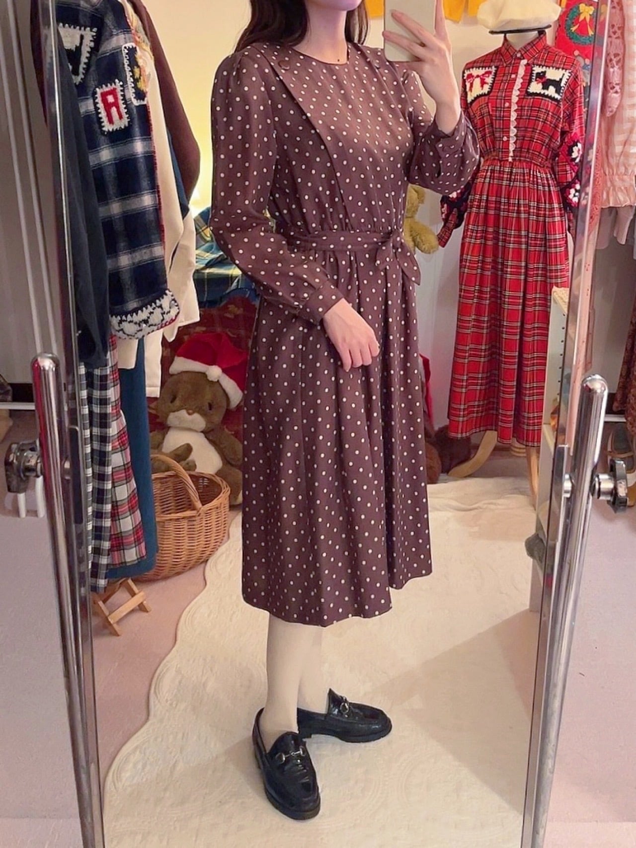 brown dot waist ribbon one-piece