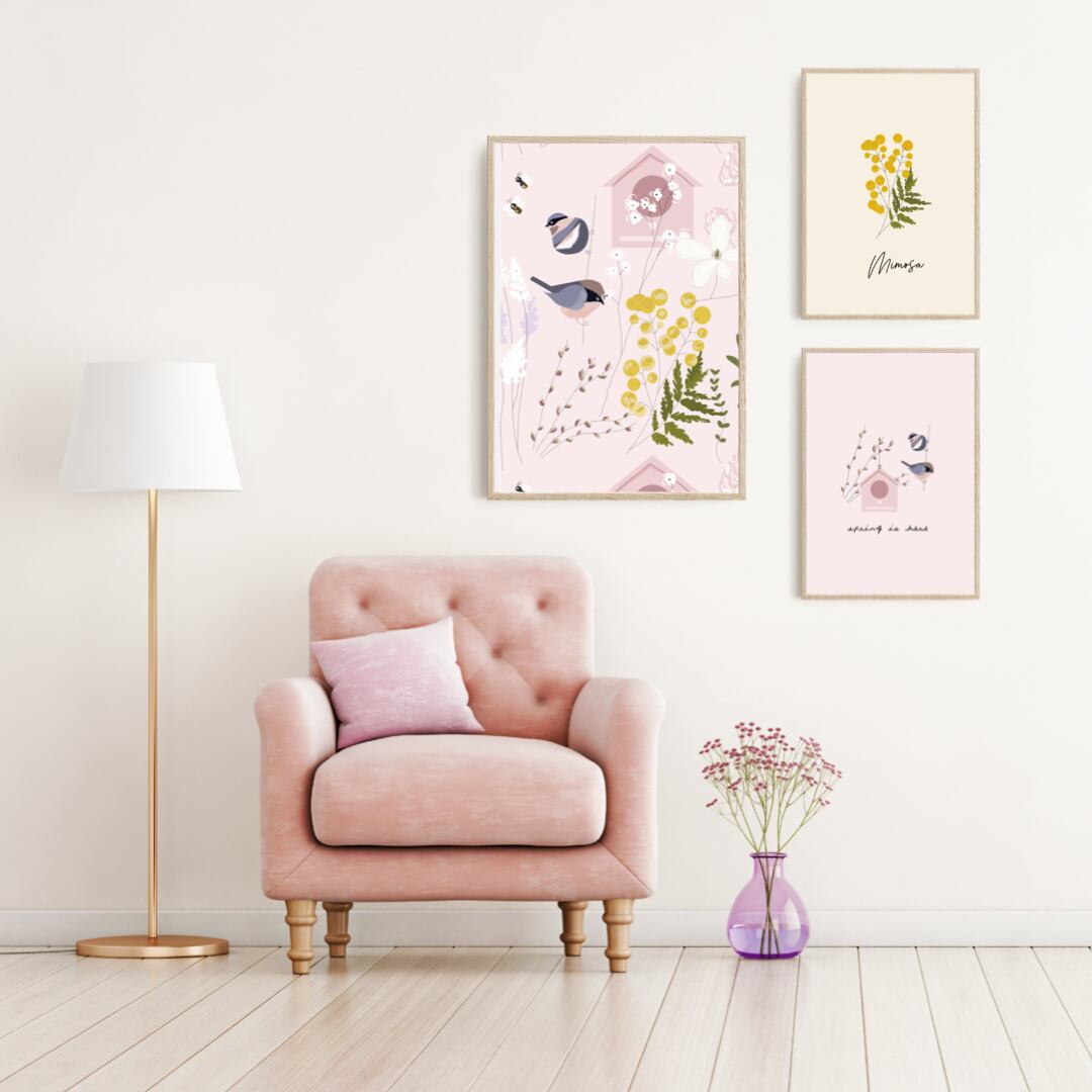 春の北欧ポスター ミモザ / i0546 / ミモザと桜と小鳥 インテリア