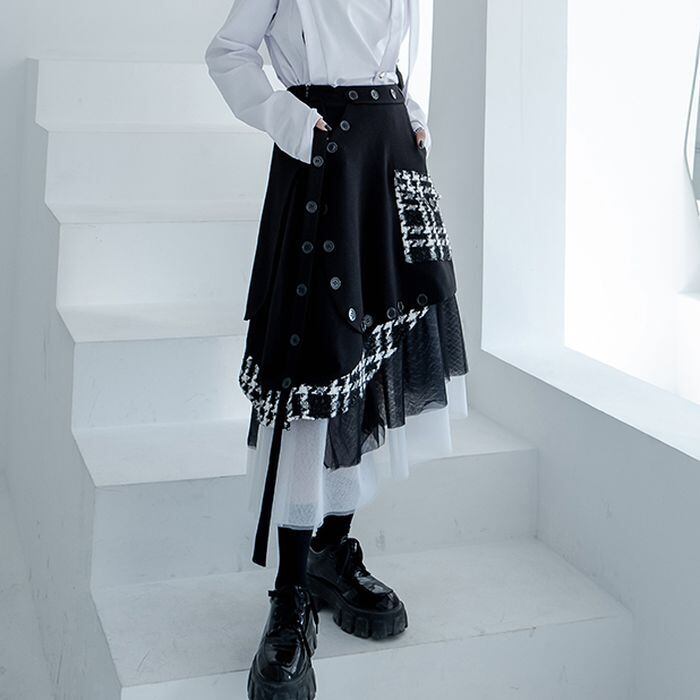 ビケット 90 スカート ブロック チェック ふんわり 美品 黒×白 通販