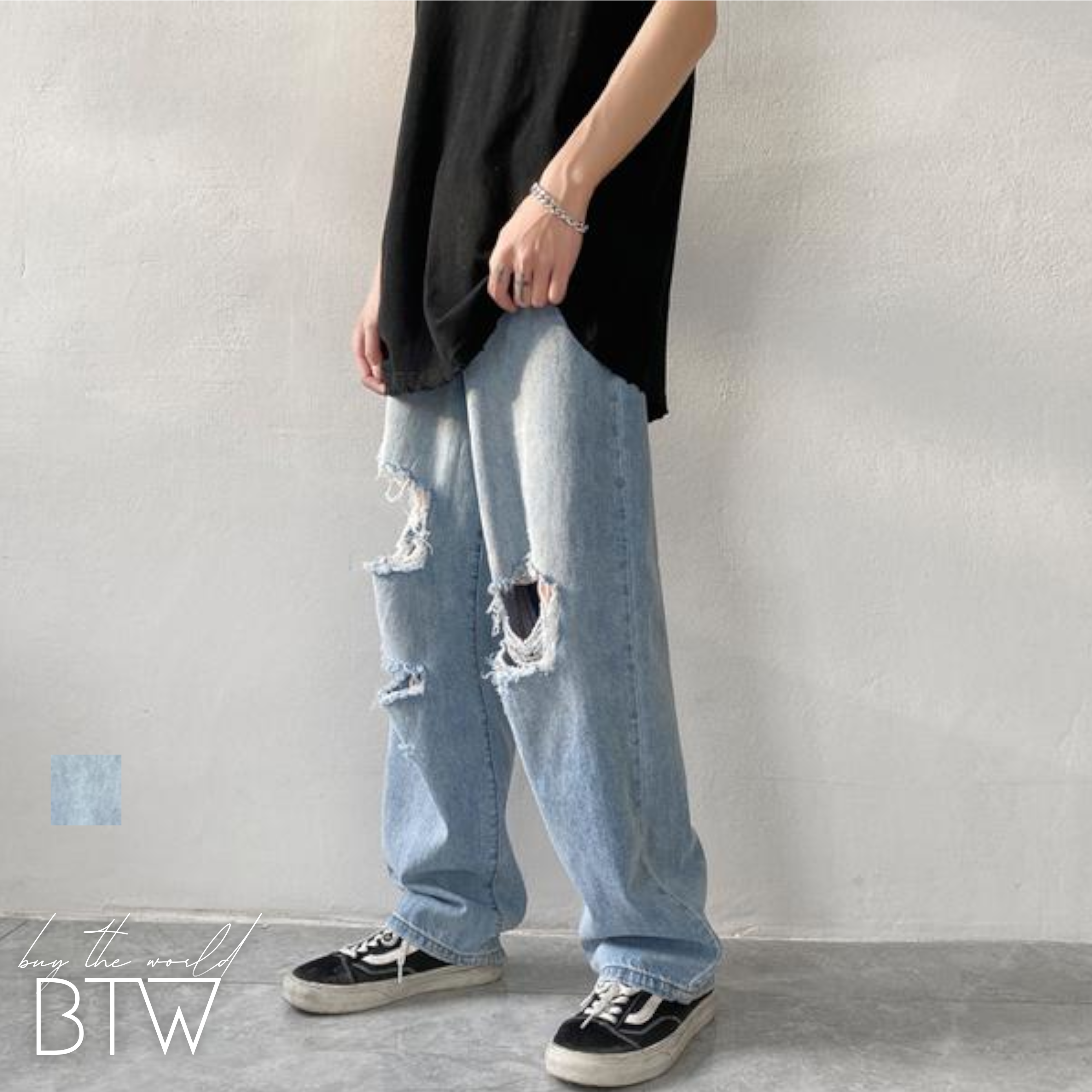 韓国メンズファッション Bw5 メンズ ワイド デニムパンツ ルーズ クラッシュジーンズ ヒップホップ カジュアル 韓国メンズ服 流行プチプラ韓国メンズファッション新作通販 Buy The World