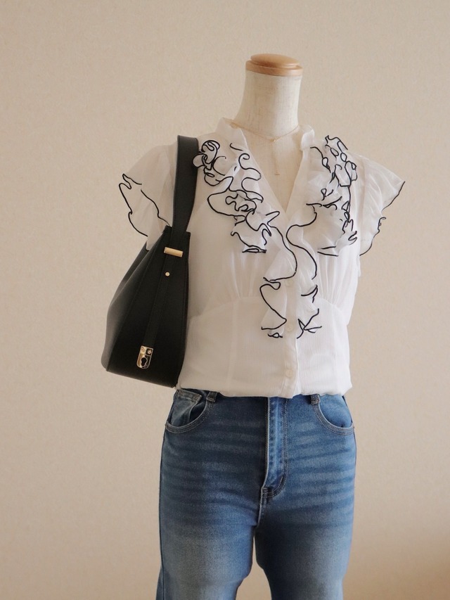 ●frill design white & black color sheer blouse