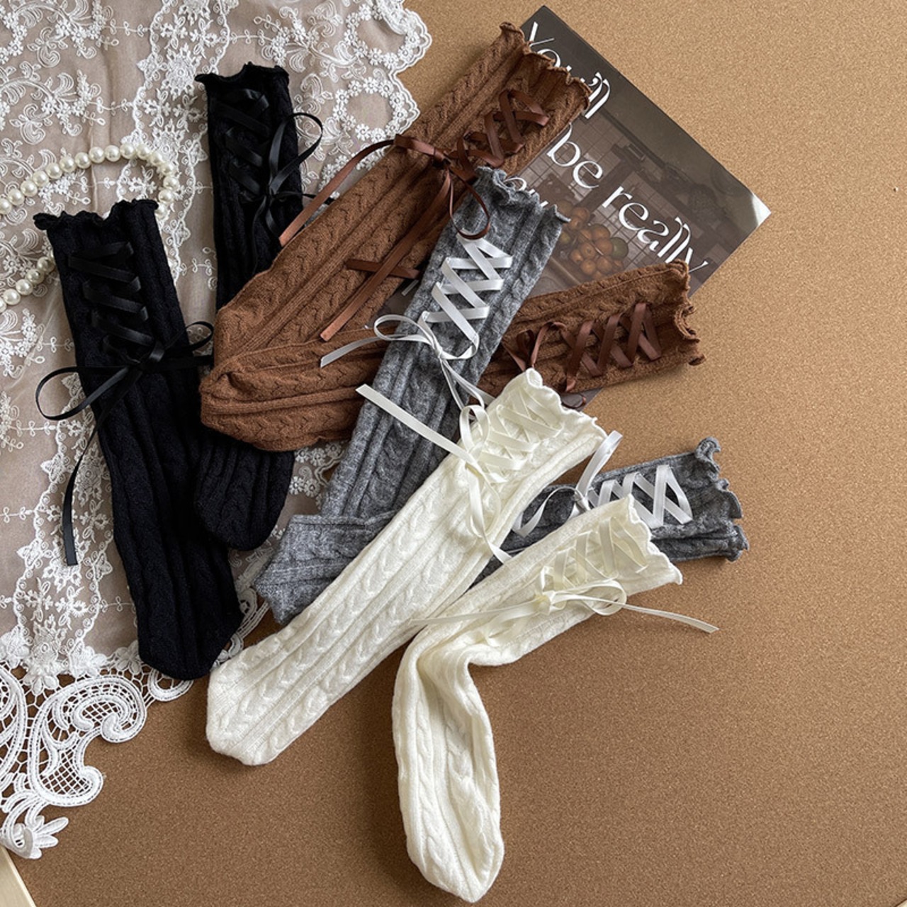 GOODSサテンリボン フリルソックス