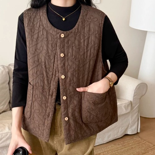 3色／ノーカラーフラワー刺繍ベスト ・12706