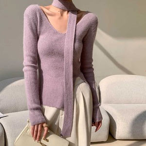 レディース トップス ニット セーター プルオーバー 長袖 萌袖 Vネック ニットボウタイ スリム 細身 フェミニン サイドスリット リブ かわいい 大人可愛い きれいめ シンプル カジュアル 上品 おしゃれ こなれ感 ガーリー 抜け感 ベーシック 無地 春 秋 10代 20代 30代 学生 学校 通学 デート お出かけ お泊まり 女子会 休日 高原 ガーデン ショッピング カフェ 普段使い 着回し モテ 清楚 定番 S M L XL 黒 ブラック グレー カーキ グリーン パープル