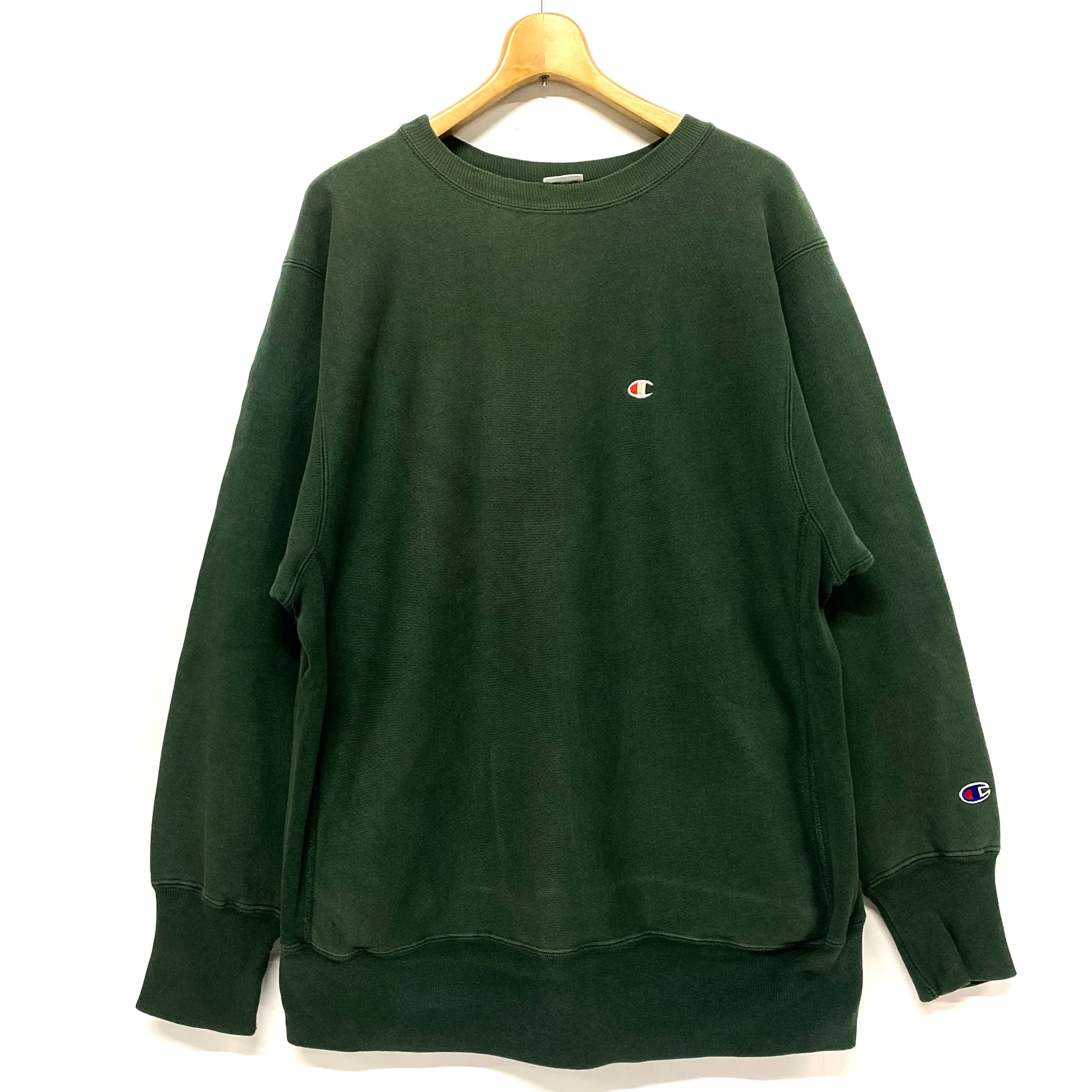 champion ワンポイント刺繍ロゴ 太腕 スウェット XL グリーン 古着-