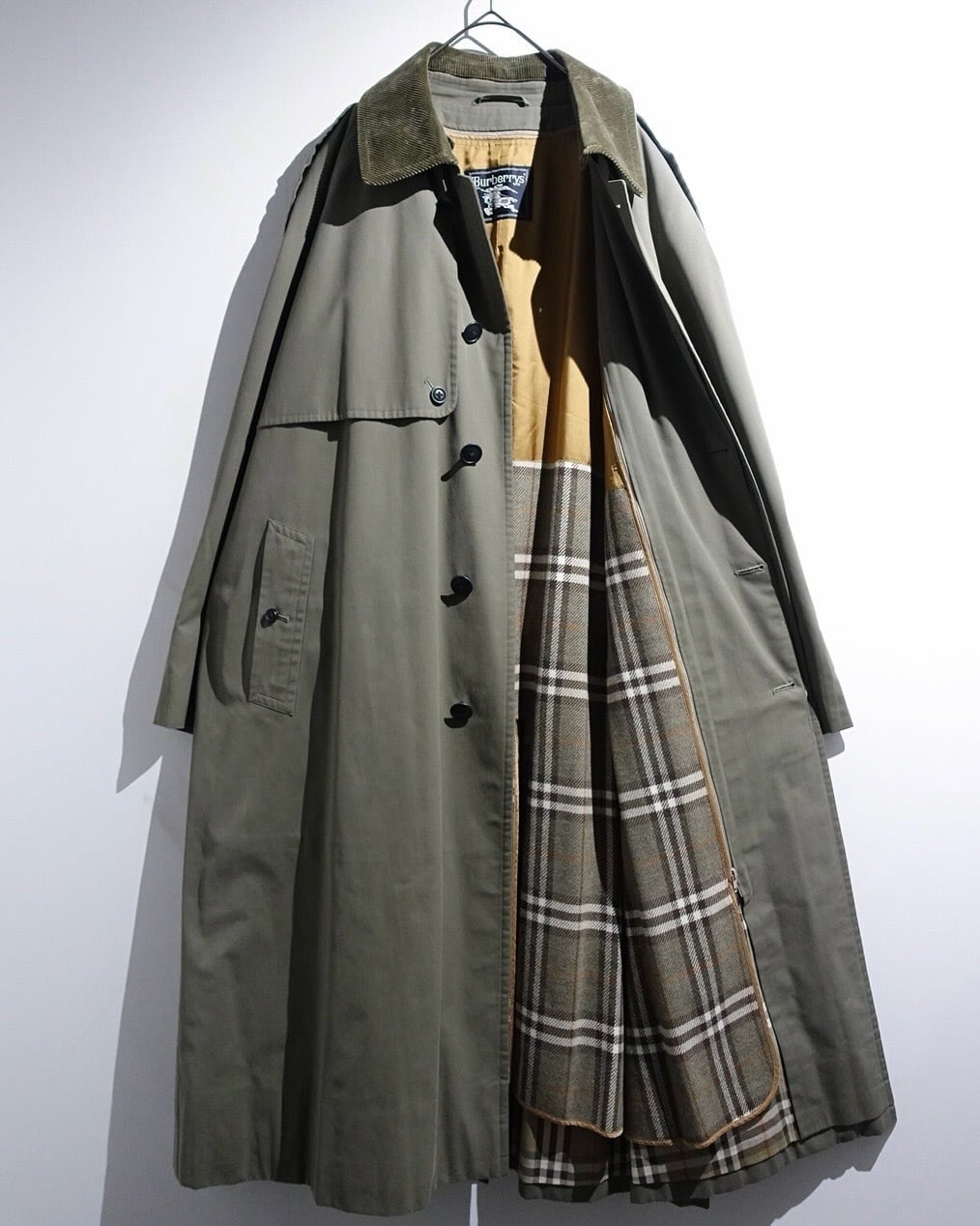 90s "Burberry" Khaki Green Corduroy Detachable Collar Long Balmacaan Coat with Nova Check Liner