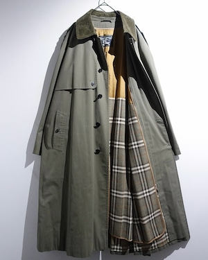 90s "Burberry" Khaki Green Corduroy Detachable Collar Long Balmacaan Coat with Nova Check Liner