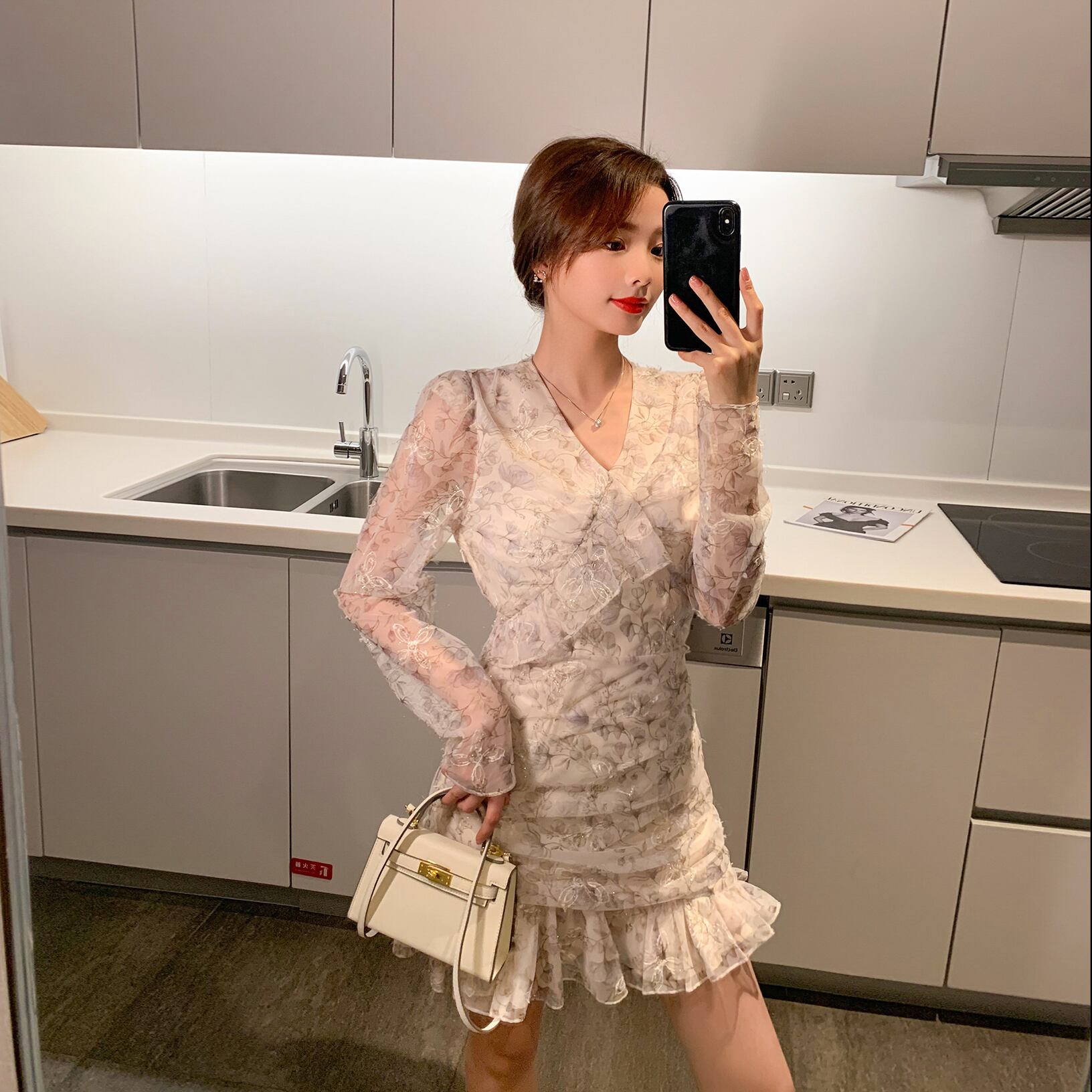 フローラルドレス スプリングウェスト薄手Aラインスカート 大人ガーリー スウィート キュート カジュアル 春物 花柄 6Du_Shop_Women27458453300