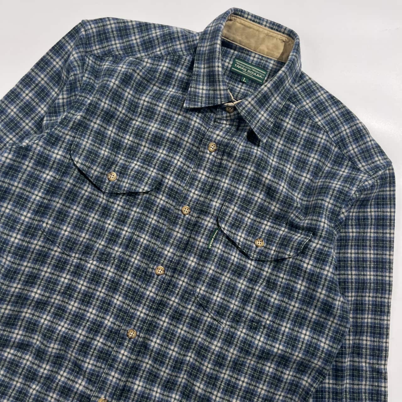 90s TARAS BOULBA タラスブルバ チェック柄 ウール 長袖 ワークシャツ L/ブルー ネイビー×グリーン系 メンズ ビンテージ アシックス