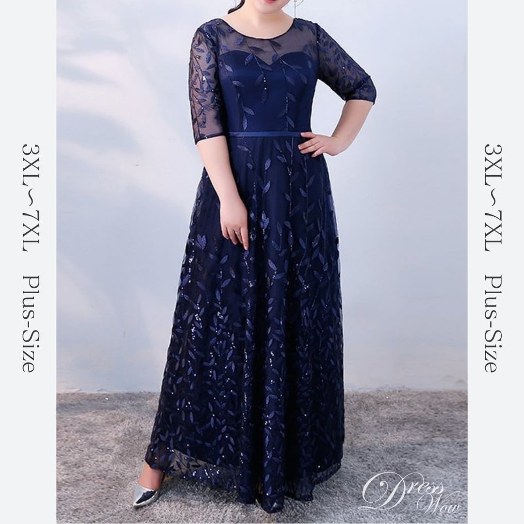 【3XL〜7XL】リーフ柄七分袖シアードレス 2color D1608