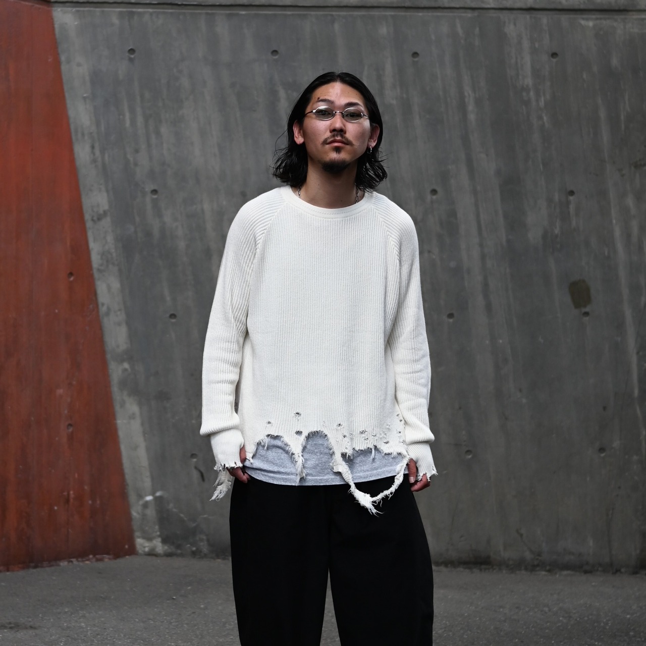 Leh(レー)GANKO別注×damage waffle L/S sweater コーディネート
