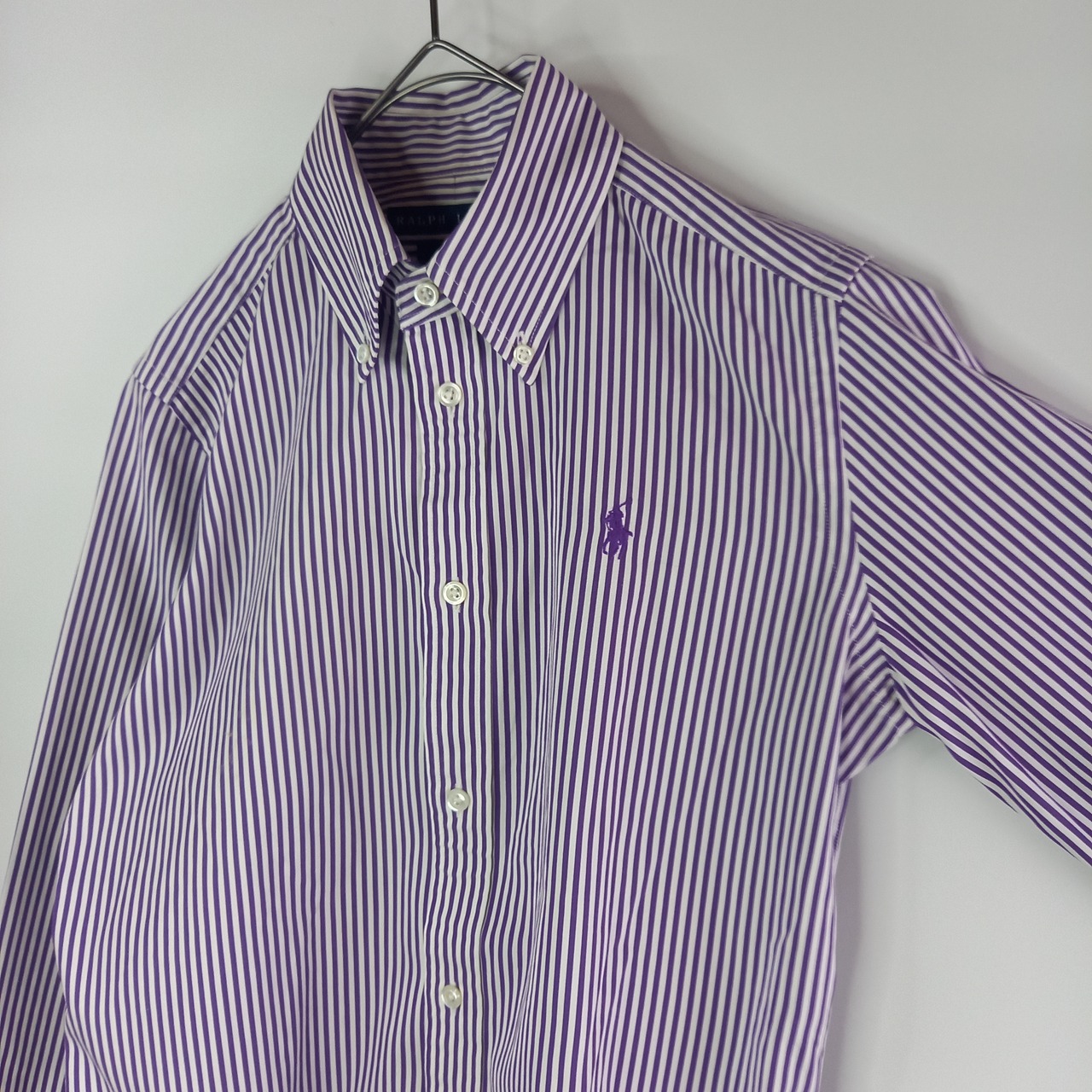 ラルフローレン　コットン　BDシャツ　長袖　刺繍ロゴ　ストライプ　パープル