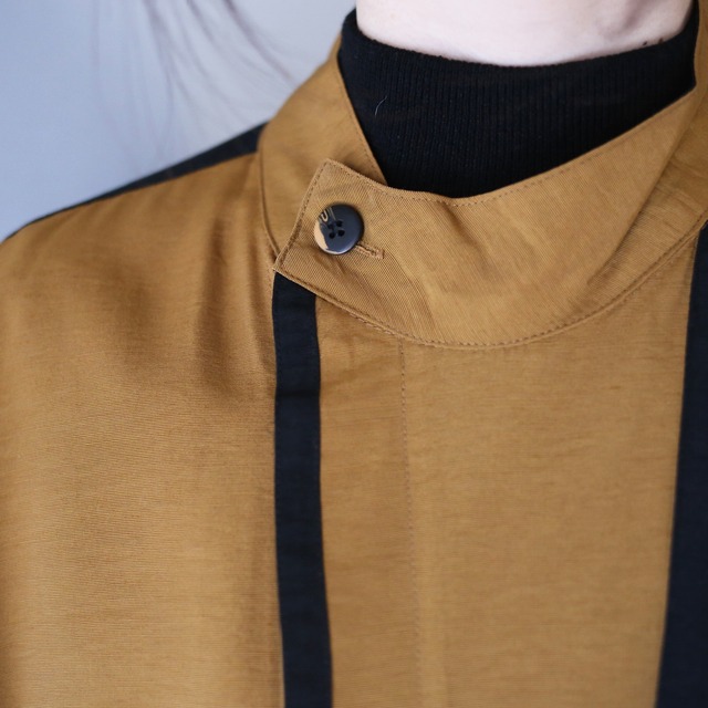 "刺繍" bi-color switching design over silhouette band-collar minimal shirt