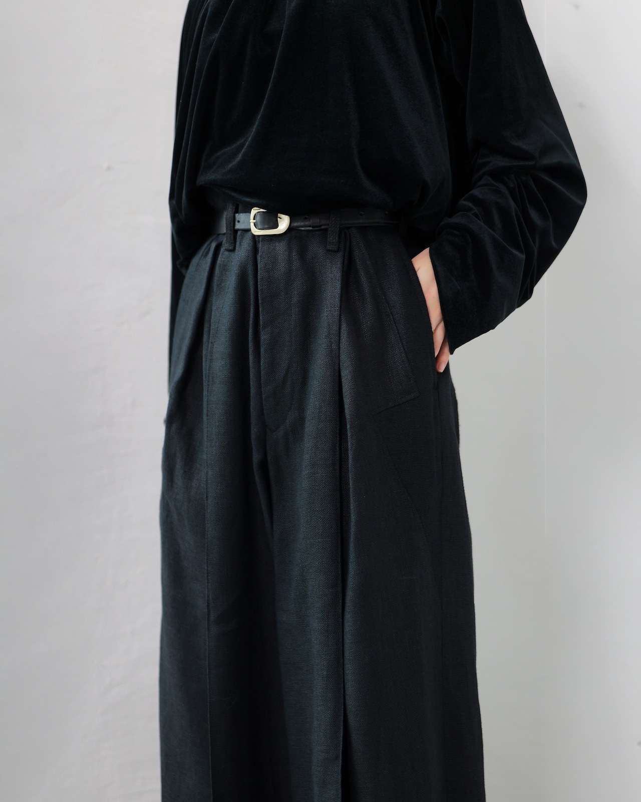 i’m here - Linen Wide Pants :Black|3種リネン切替/ワイド/“だまし絵”前立て
