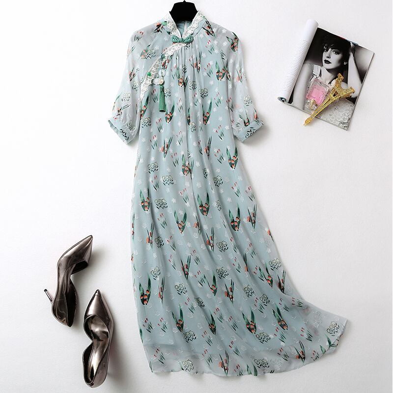 チャイナ風ワンピース チャイナ風服 チャイナボタン チャイナドレス ワンピース スタンドネック 五分袖 ロング丈 女子会 同窓会 大きいサイズ S M L Ll 3l 花柄 グリーン レース シフォン Elegant チャイナ風ワンピース チャイナ風服 チャイナボタン チャイナドレス ワンピース スタンドネック 五分袖 ロング丈 女子会 同窓会 大きいサイズ S M L Ll 3l 花柄 グリーン レース シフォン Elegant