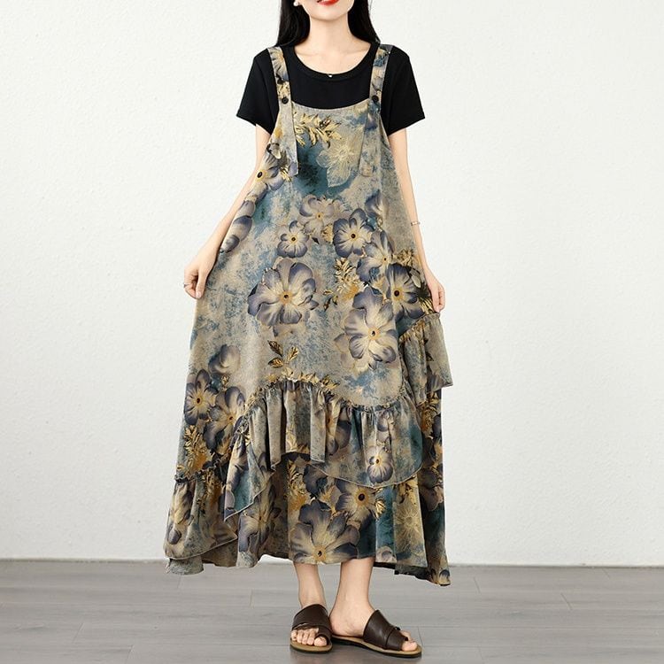 FLORAL CHIFFON STRAP TIERED ASYMMETRIC DRESS M-18004
