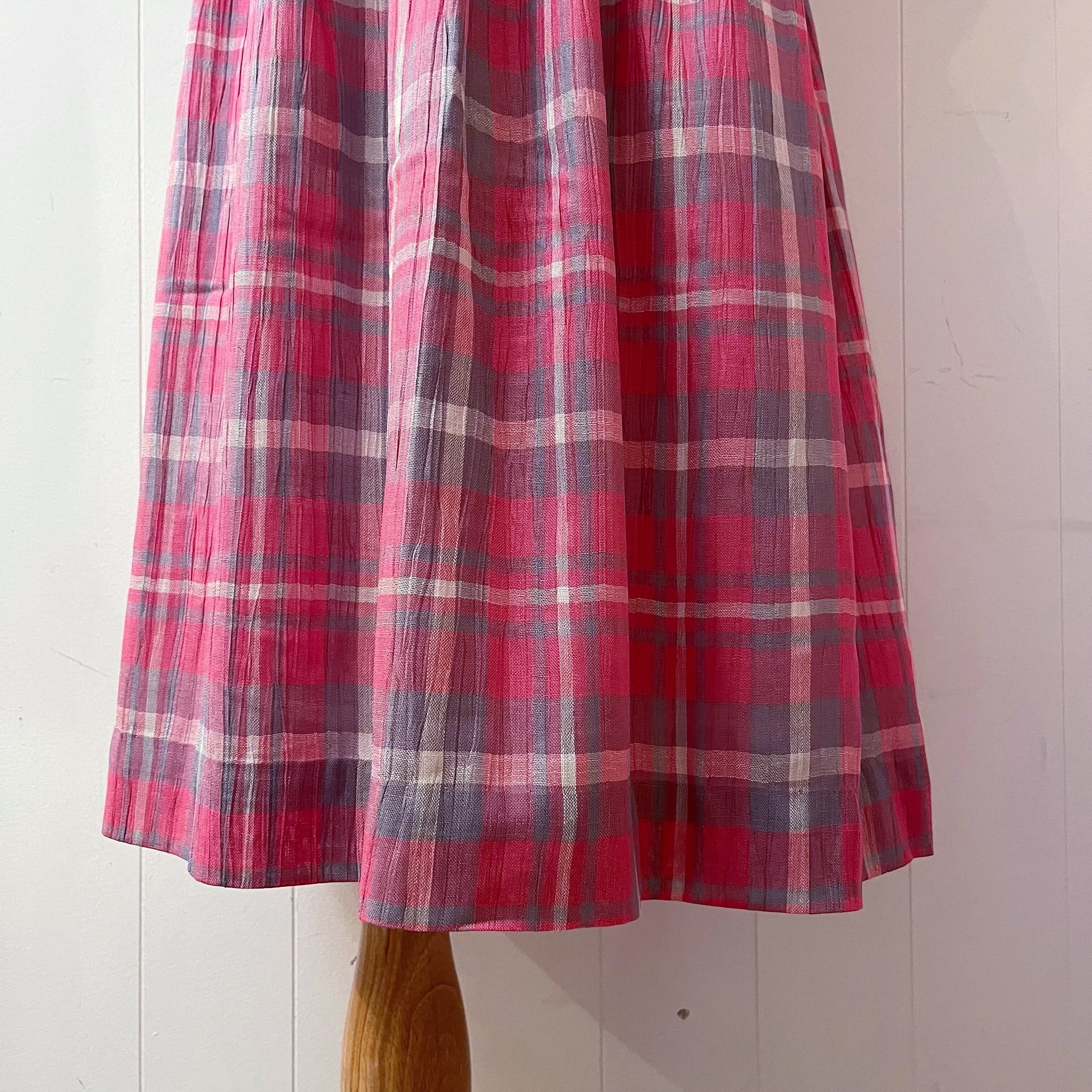 pink gray check button one-piece