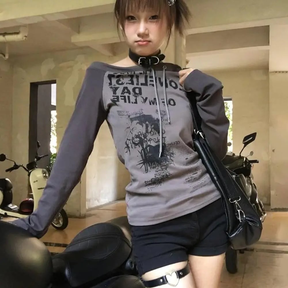 Karram-女性用長袖Tシャツ,日本の裸の肩のシャツ,グラフィティ Karram-女性用長袖Tシャツ,日本の裸の肩のシャツ,グラフィティ