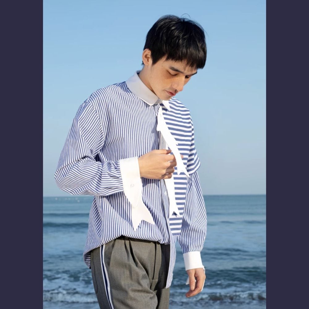 2匹のサメタイとサメ袖、ストライプとボーダーのMIX変形シャツ【メンズ