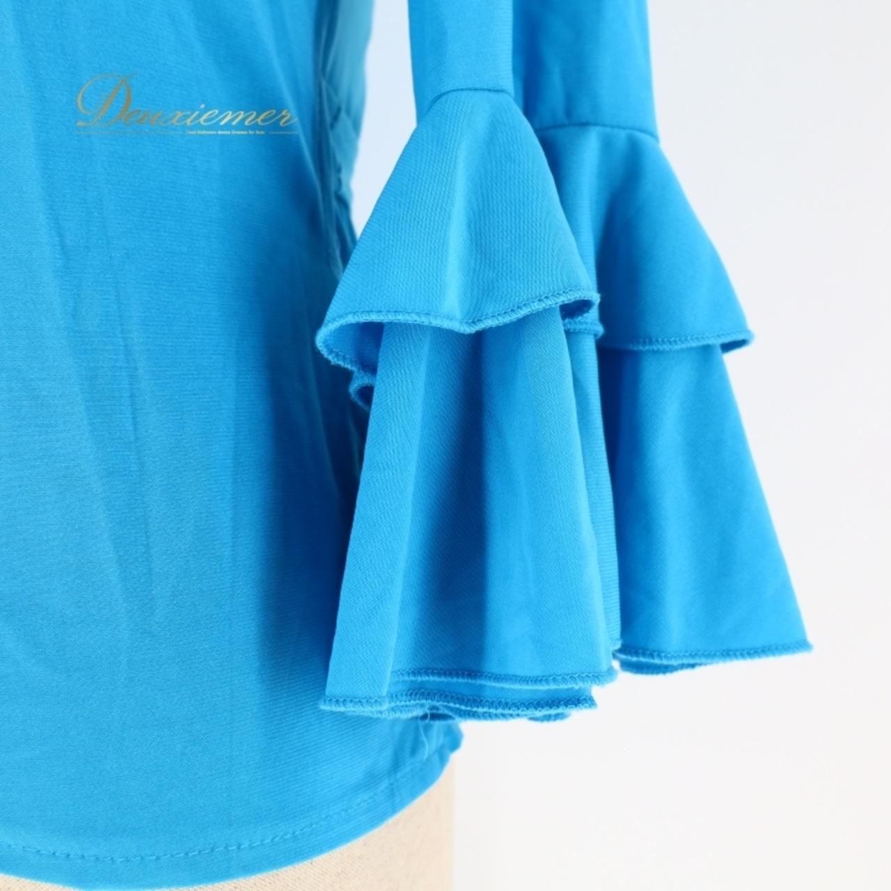 フラメンコ 衣装 トップス ブラウス ブルー系 イチオク 無地 シンプル 練習 レッスン 伸縮 ストレッチ 水色 ICHIOKU フリル ボランテ 長袖 鮮やか 華やか 襟 上品 かわいい イベント ステージ ダンス衣装