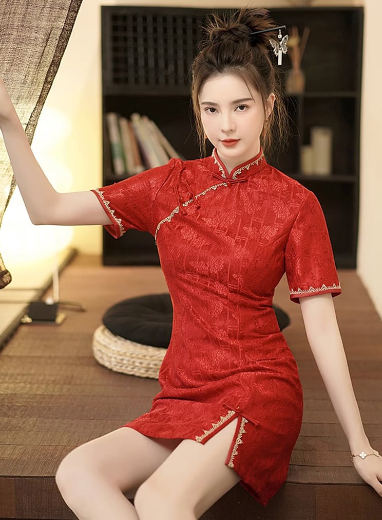チャイナ服 ワンピース ショート丈 モダン 半袖 レッド チャイナ チャイナ服 ワンピース ショート丈 モダン 半袖 レッド チャイナ