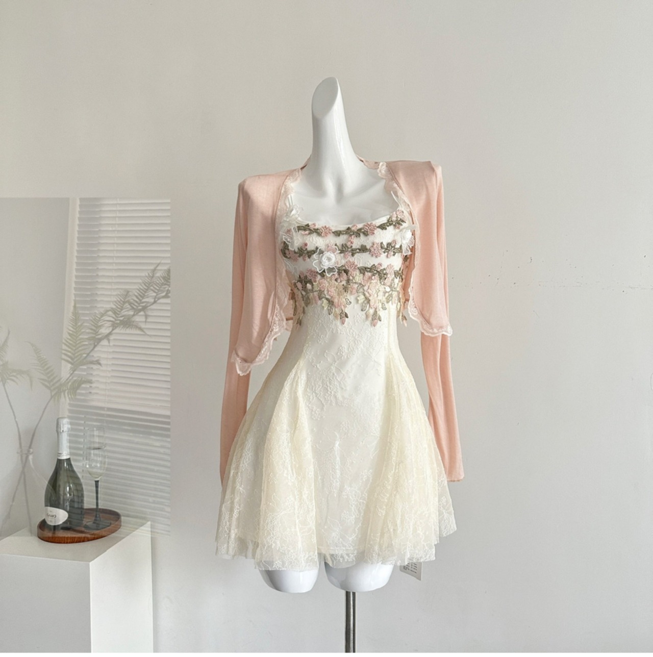 フラワーレースワンピース+カーディガンset LK1736