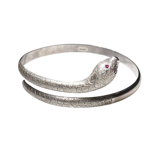 vintage silver engraved snake bangle set with ruby