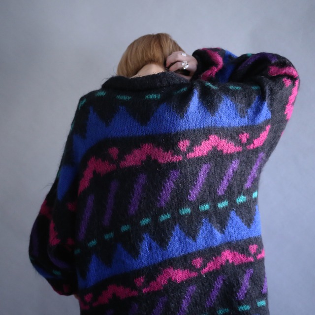 "mohair" psychedelic geometry pattern over size knit jacket coat