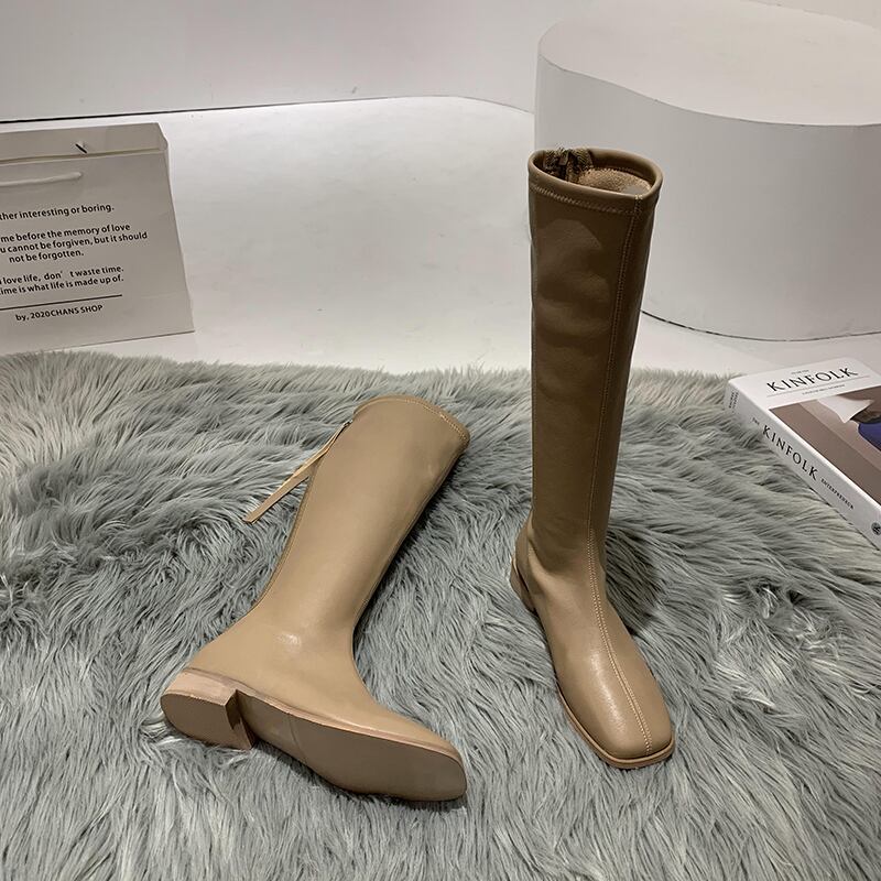 ロングブーツレディースレッドオータムウィンターカジュアルジッパーベルベット 靴 シューズ 秋物 冬物 スクウェア フェイクシューズ89436526728