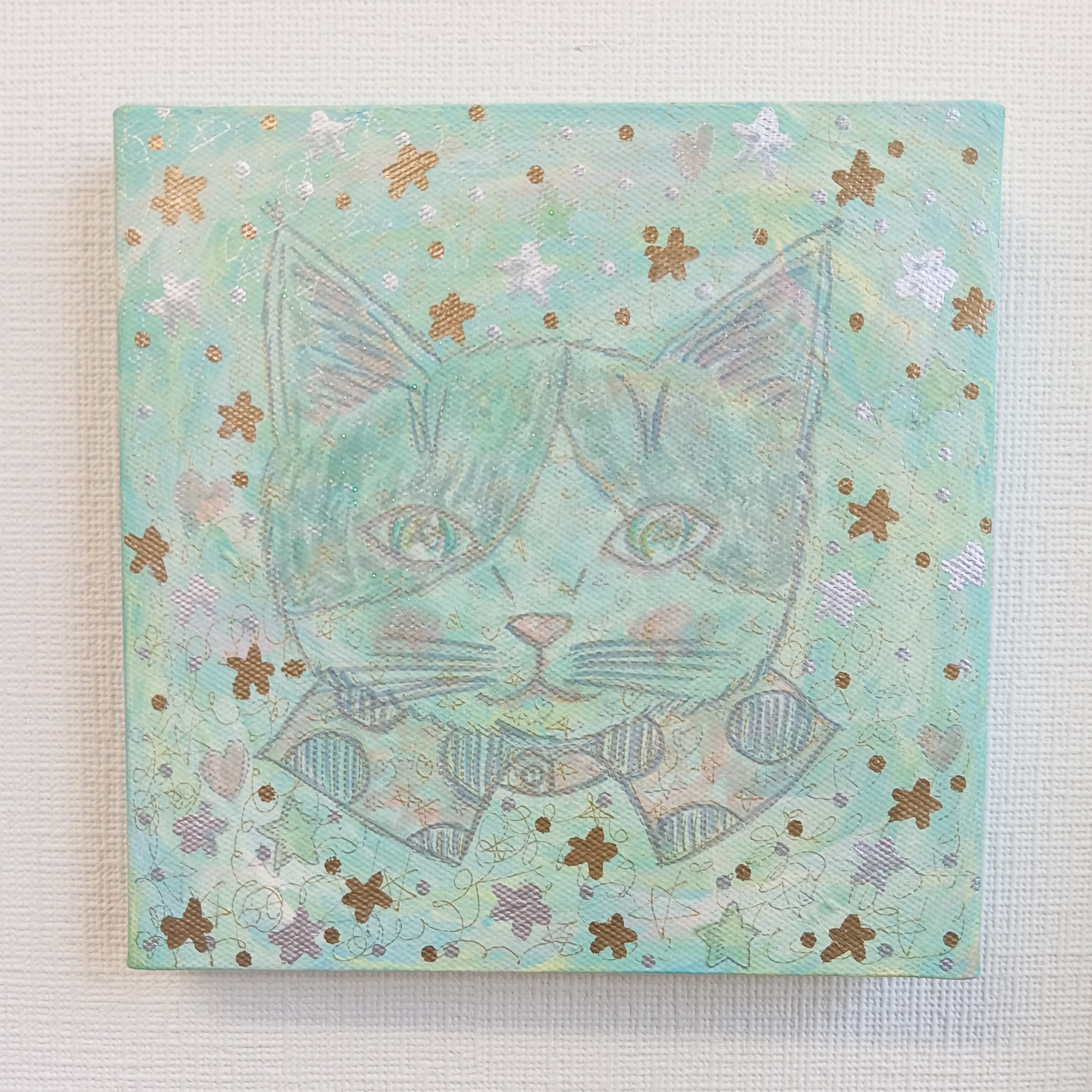 原画】キラキラ可愛い☆猫イラスト エリーちゃん（淡い水色）正方形