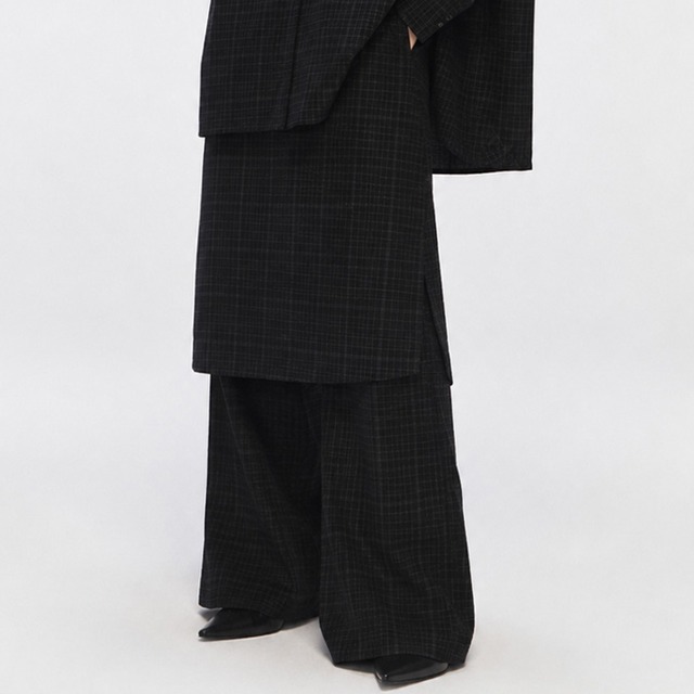 Check pattern layered pant skirt A00076