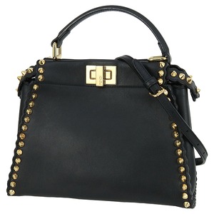 Used FENDI フェンデイ ピーカブー ミニ スタッズ ブラック カーフレザー ハンドバッグ ショルダーバッグ 美品