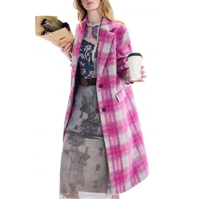 magenta plaid tailored long coat<o3170>