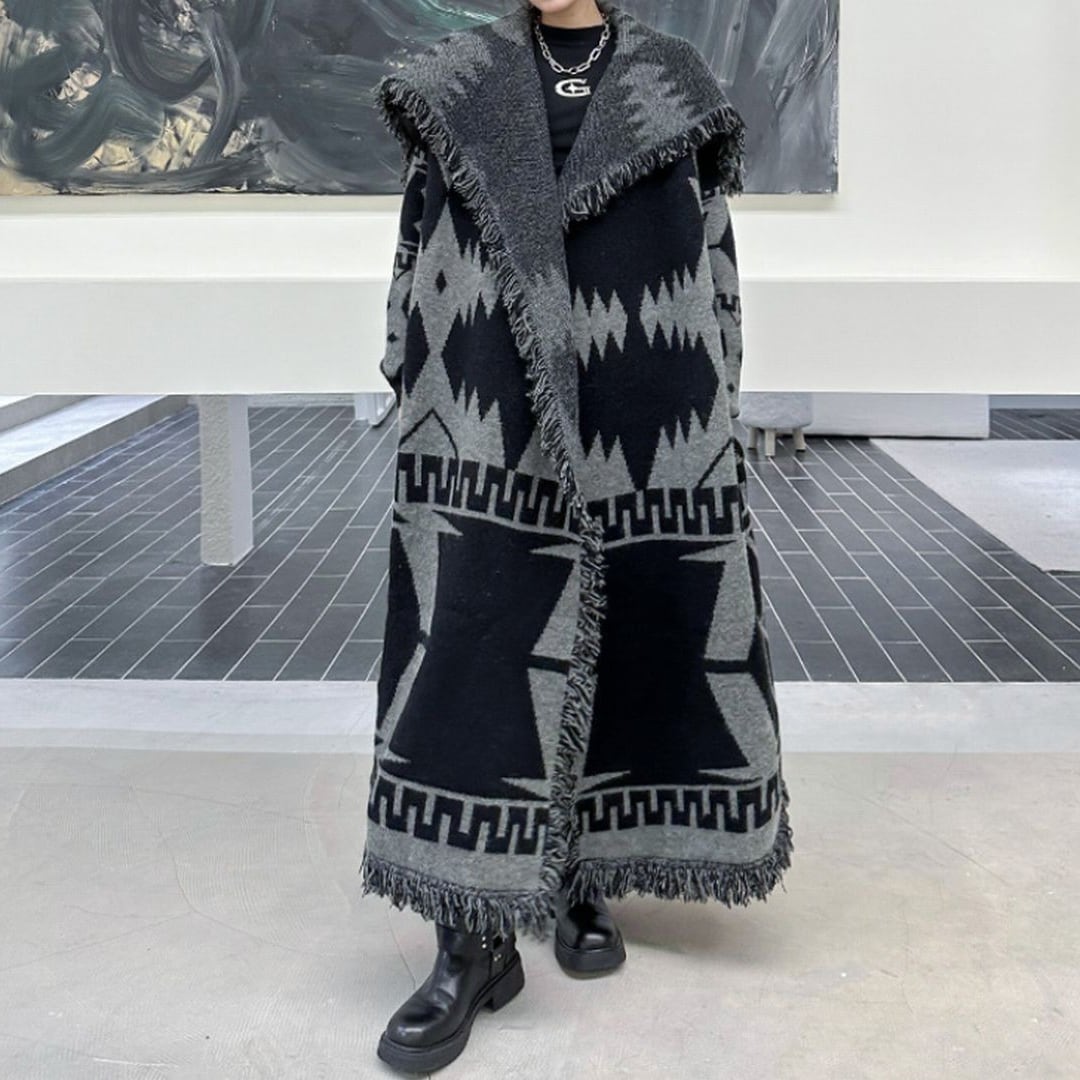 幾何学模様ビックカラーロングニットコート CO0158 | Style Sombre