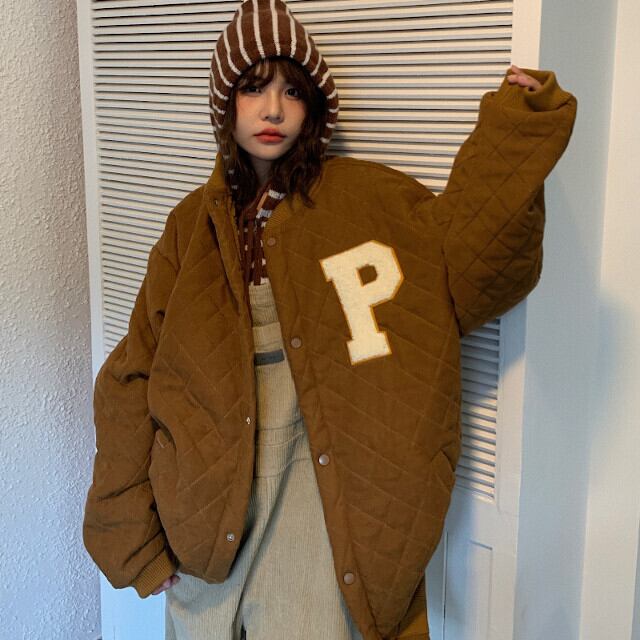 スタジャン レディース スタジアムジャンパー アウター おしゃれ シンプル オーバーシルエット ロゴ ブラウン/グリーン M/L