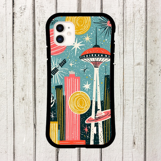 受注生産 iPhoneケース ロケットと惑星のレトロ宇宙ポスター｜宇宙ポスター風 RFSP050B
