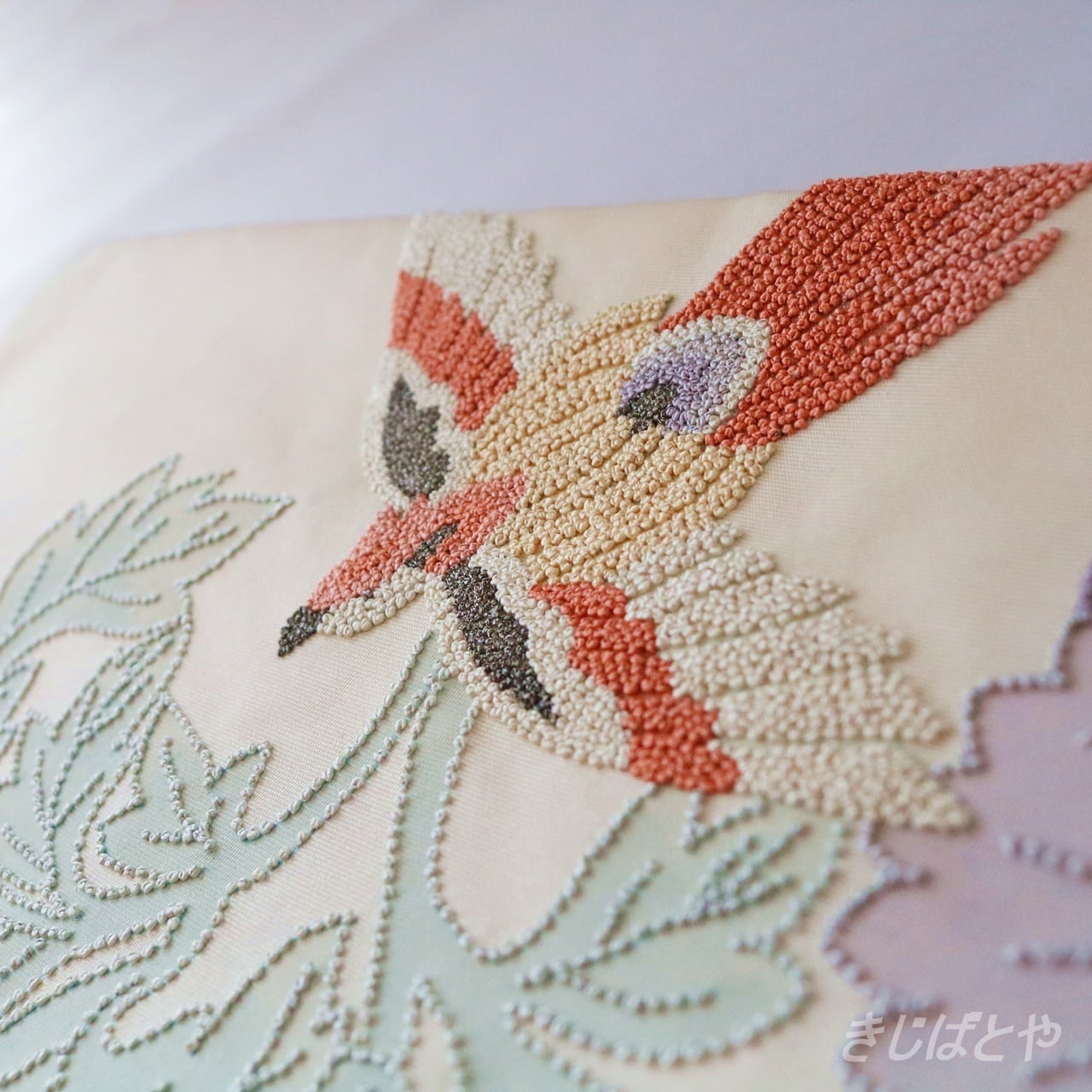 相良刺繍 袋帯 ビーズ刺繍のようなかわいい袋帯 花と鳥 正絹 アンティーク