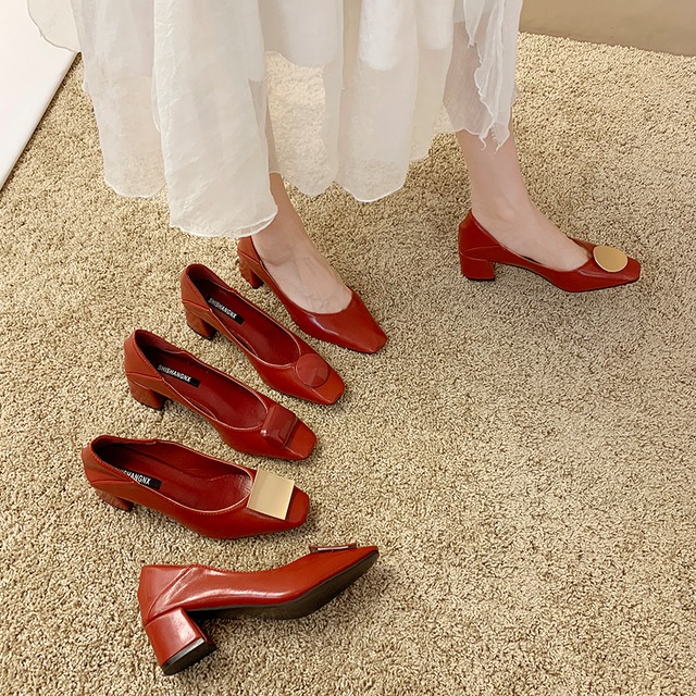 作業靴女性スクエアヘッド厚いヒールソフトレザーシングルシューズ2019秋の新しいレトロなファッションおばあちゃんの靴ミドルヒールOLプロの靴 部族の婦人靴5111205