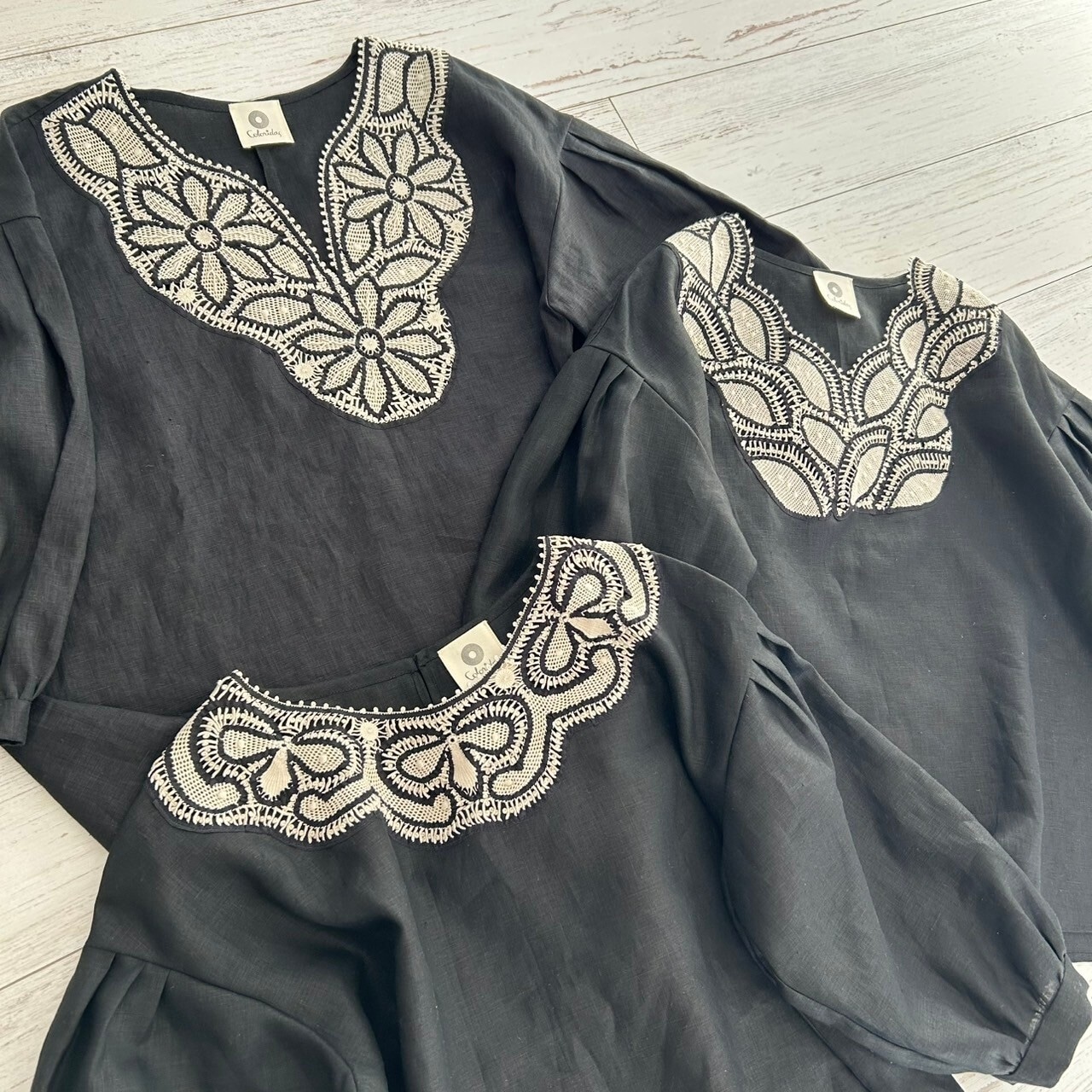 ブラジリアン 手編み ニードルレース リネン七分袖ブラウス 黒