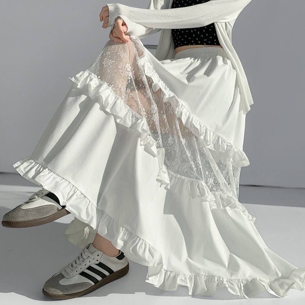 lace ruffle flare long skirt / l0718