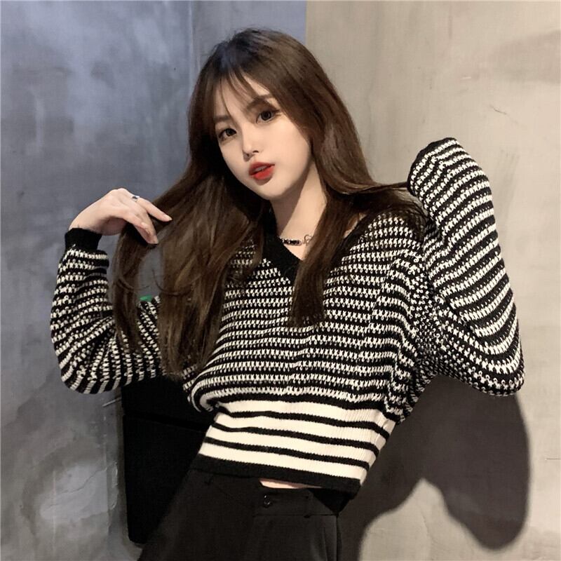 ショートVネックセーター レディースルーズオータムウィンターストライプハイウェストウェストトップス ロング 秋物 冬物 YY-ファッション32503062060
