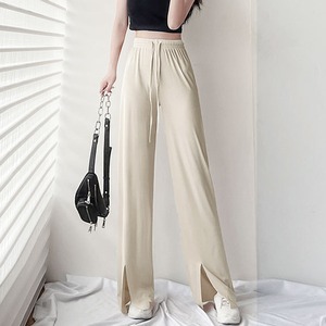 ワイドパンツ レディース 送料無料 フロントスリット ハイウエスト ウエストゴム 春夏 136987