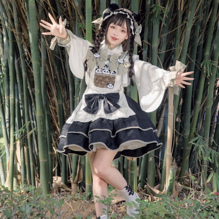 ロリータファッション 華ロリ中華風セットアップ パンダ柄とイチゴ柄