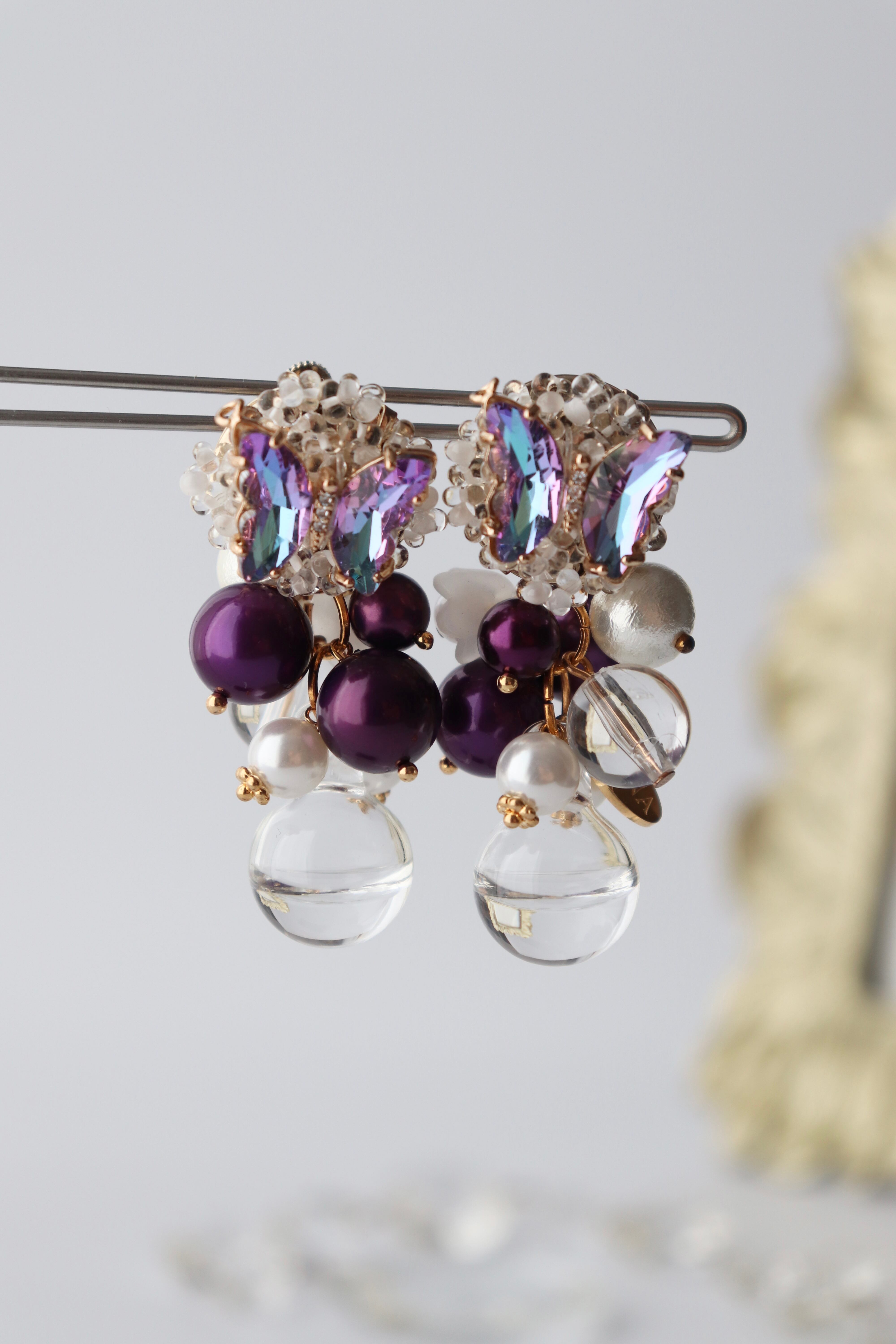 パープル バタフライ 蝶 イヤリング