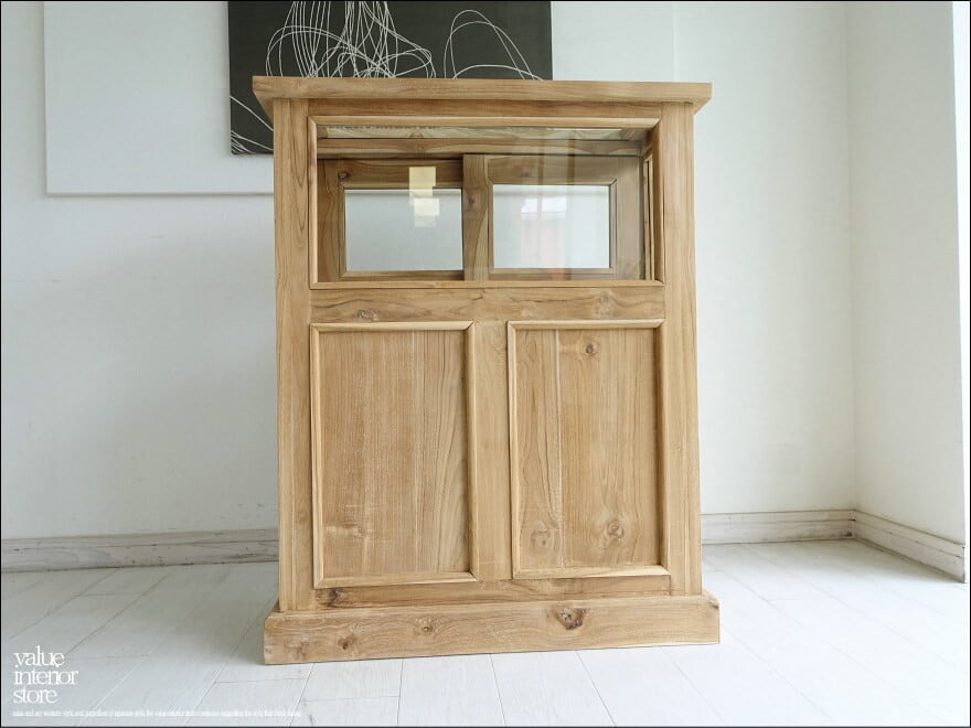 チーク無垢材 ショーケースカウンターNatla/H100 ガラスケース 店舗什器 レジ台 コレクションケース 飾り棚 手作り 無垢材家具