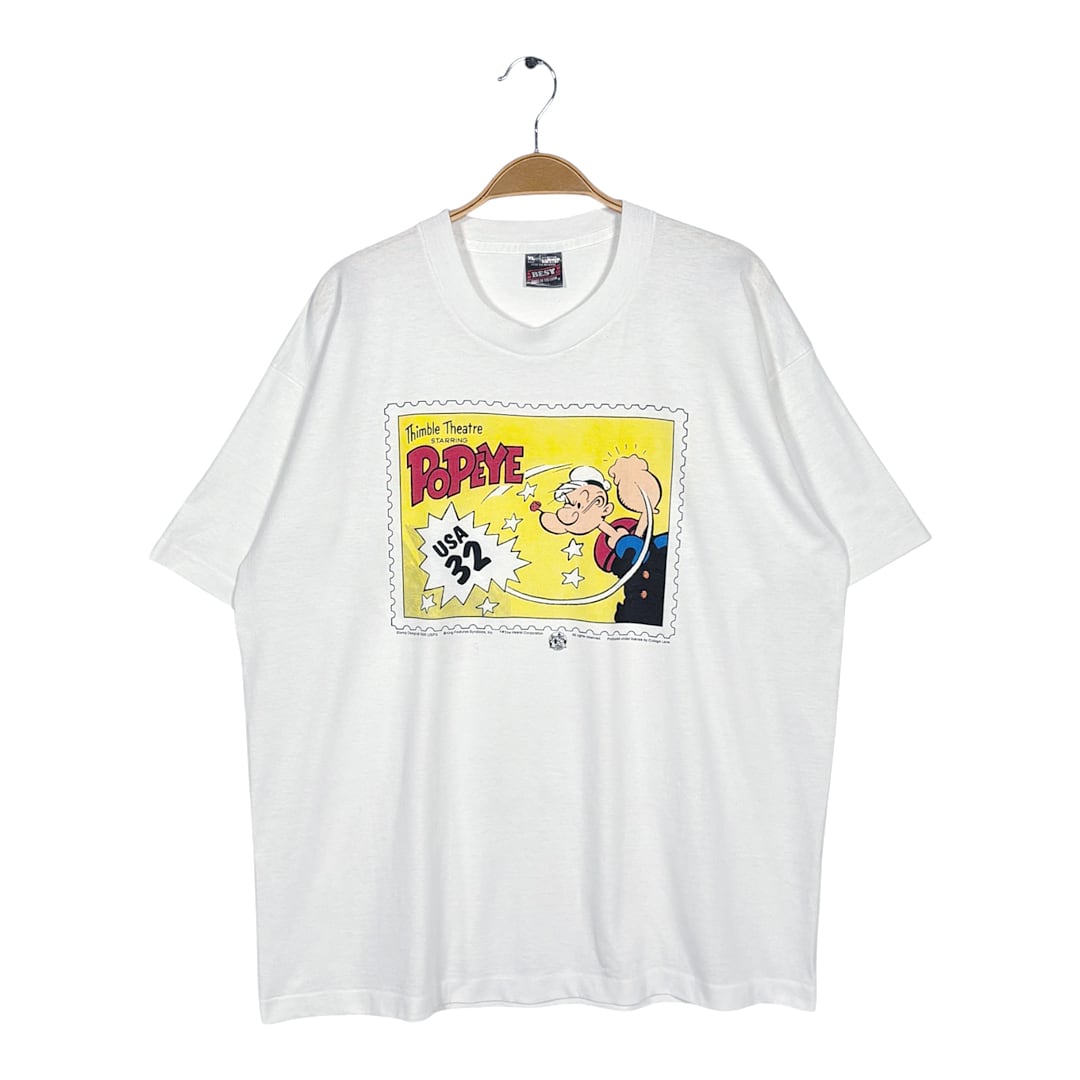 90s ポパイ USA製 ヴィンテージ Tシャツ 記念切手 ホワイト シングルステッチ POPEYE アメコミ サイズXL BB0789
