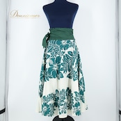 【美品 フラダンス衣装】ホワイト MermaidLine MMJ マーメイドライン スカート 白 緑 ハイビスカス柄 花柄 リボン グリーン
