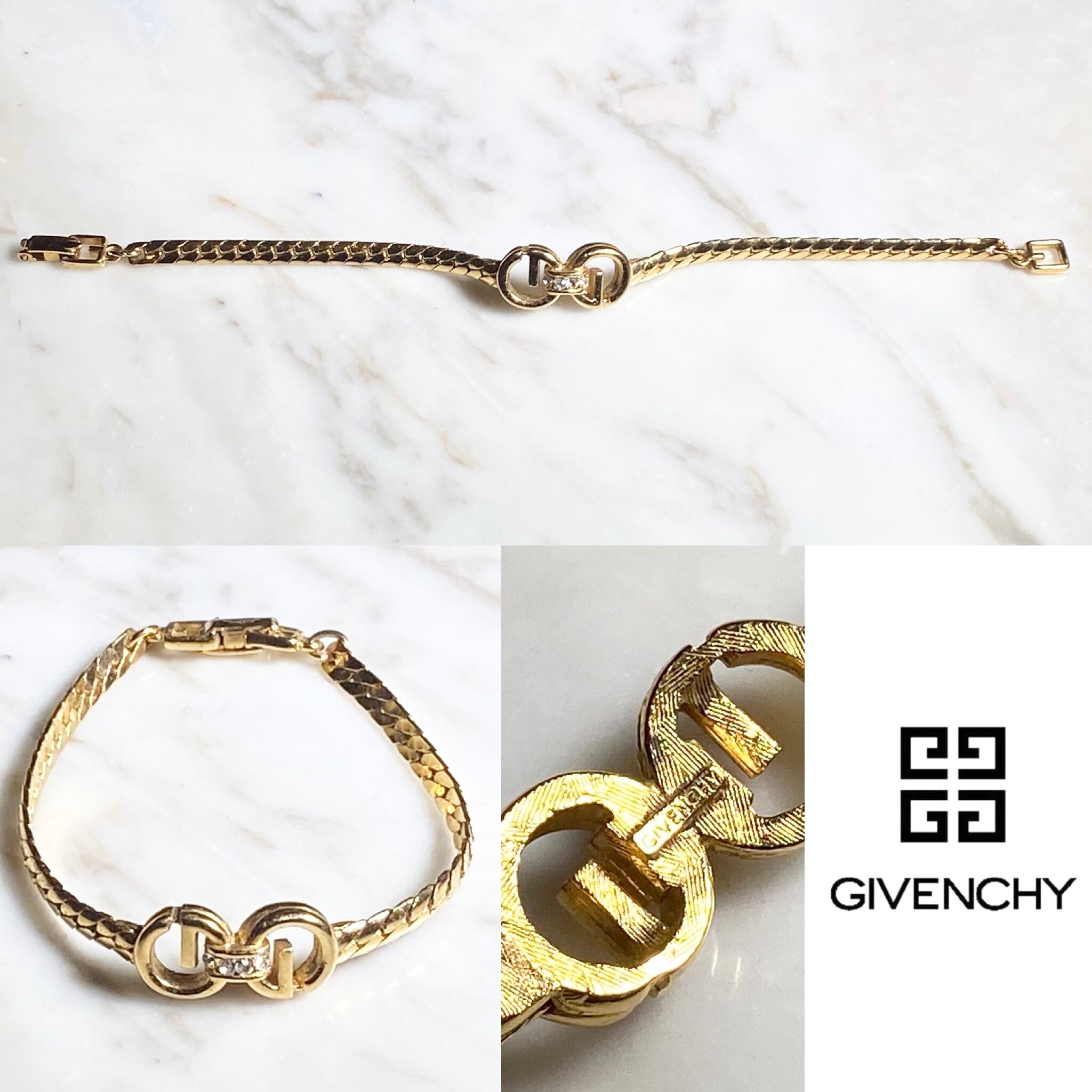 vintage GIVENCHY gold color metal “GG” snake chain bracelet | NOIR 